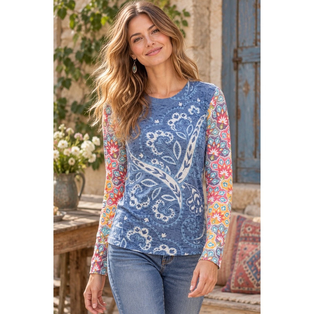 Sundance WHIMSY ROSE Blue Paisley Floral Baby Waffle Thermal Top Small USA
